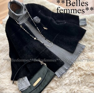 ★Belles*★新品M～L*上品マダム*ブローチ付*暖かウール混*ゆったり*ポワン袖*ふわふわシャギーニットカーディガンジャケット*119黒*TRUBE