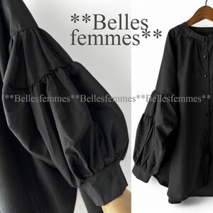 ★新品★*送料185円★*トレンド感のボリューム袖*バンドカラー*ポワン袖チュニックブラウス*★Belles*611ブラック*M～L*ベストインナー.