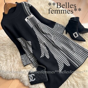 ★Belles*★送料185円★新品M～L*寒さに負けない*しっとりもっちりニット*ギンガムチェック*チュニックワンピース276黒*オフィスにもTRUBE