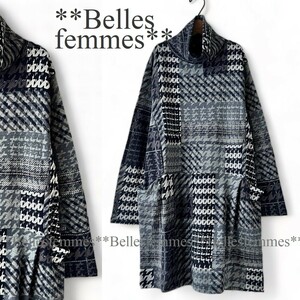 ★Belles*★新品★*暖か裏起毛*オフタートル千鳥/チェック*たっぷり長め丈チュニック*チュニックワンピ23508*グレー*送料185円★M～L*