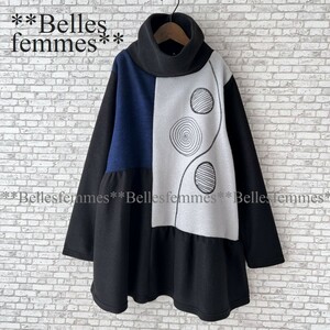 ★Belles*★新品★送料185円★M～L★フレアAラインシルエット*ふんわり起毛*暖かなオフタートル*ゆったり長め丈チュニック5345*ブラック