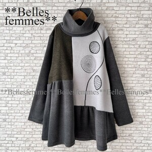 ★Belles*★新品★送料185円★M～L★フレアAラインシルエット*ふんわり起毛*暖かなオフタートル*ゆったり長め丈チュニック5345*グレー