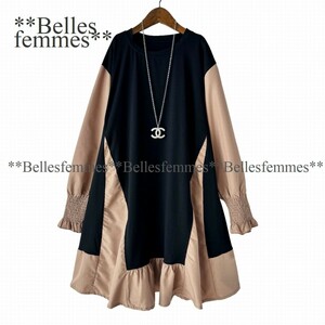 ★Belles*★送料185円★新品M～L対応★*大人可愛い*ボリューム袖とフレアデザイン*たっぷり長め丈チュニックワンピース*590黒×ベージュ