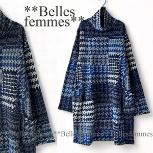 ★Belles*★新品★*暖か裏起毛*オフタートル千鳥/チェック*たっぷり長め丈チュニック*チュニックワンピ23508*ブルー*送料185円★M～L*