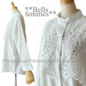 ★新品★*送料185円★*前後レース重ねデザイン*バンドカラー*チュニックブラウス*★Belles*180929オフホワイト*M～Lインナーブラウスミセス