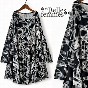 ★Belles*★送料185円★新品M～L対応★*春チュニック*とろみ感のAラインシルエット*たっぷり長め丈フレアチュニック2423272ブラック*ミセス