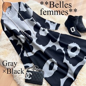 ★Belles*★送料185円★新品M～L/2L*モードなフラワー*ゆとりのあるサイズ感*大人女性の花柄*ハイゲージニットワンピース*1012グレー黒