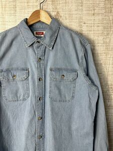 ☆ビッグサイズ US古着 Wrangler ラングラー デニムシャツ 綿シャツ コットン ブルー水色青【M】コットン　　　　　　　◆4363◆