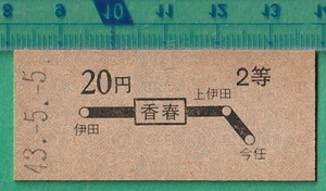 鉄道硬券切符83■地図式乗車券 香春から 2等20円 43-5.5