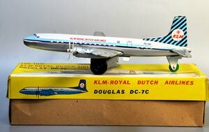 ブリキ旅客機　KLMーROYAL DUTCH AIRPLINES DOUGLAS　DC-7C　プロペラが回転　アンティーク　元箱入り　昭和レトロ　現状品　　　