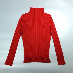 極美品 イッセイミヤケ プリーツプリーズ ハイネック 裾フリンジ 長袖カットソー 赤 レディース 3