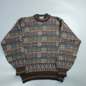 美品 80s 90s 英国製 PURE WOOL 総柄 ウールニット セーター メンズ L ヴィンテージ