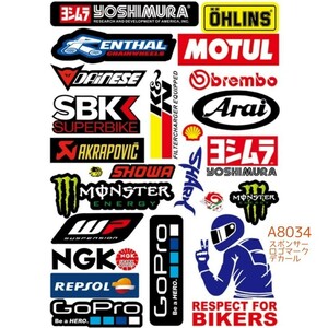 バイク反射+防水ステッカー#Motorcycle Sticker□バイク&モトクロス/#ヨシムラ#Arai#GoPro■A8034×1枚：Special Price！送料込み699円