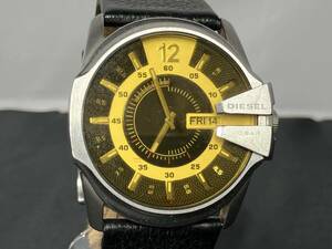 ジャンク DIESEL ディーゼル DZ1207 腕時計 革ベルト メンズ ブラック×シルバー系 フェイスイエロー系 メンズ腕時計 2針カレンダー
