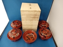 未使用　椿椀　五客　四寸木乾天竜寺小煮物椀　朱　椿金箔　漆器　木箱入_画像1