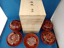 未使用　椿椀　五客　四寸木乾天竜寺小煮物椀　朱　椿金箔　漆器　木箱入_画像2