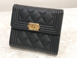 CHANEL シャネル ボーイシャネル マトラッセ ココ キャビアスキン 三つ折り財布 ブラック 黒 ゴールド 店舗受取可