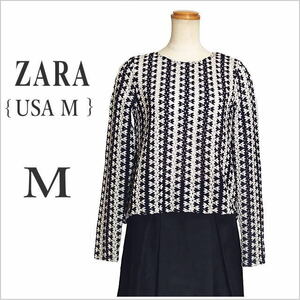 〈ZARA〉紺アイボリー透かし総柄トップス バックオープン 長袖 レディース ザラ USA M ☆送料込み