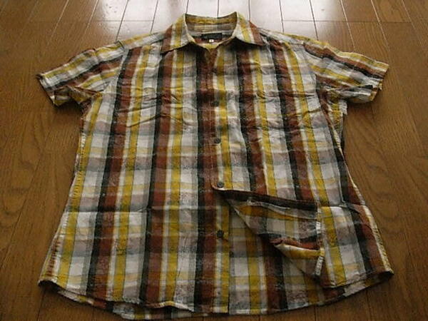 TKミクスパイス（タケオキクチ）かっこいい半袖ドレスシャツ　ブラウン＆イエロー　チェック　サイズ２（M程度）