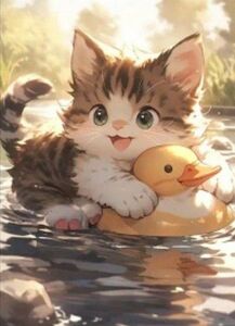 新品ダイヤモンドアート20×30川遊びの可愛い子猫とアヒル　こねこ　作成キット　水遊び