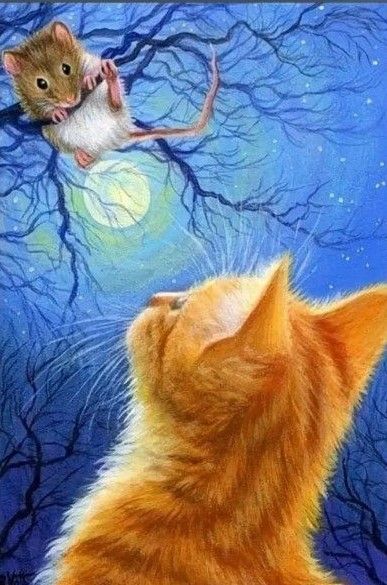 新品ダイヤモンドアート20×30月夜のネズミ君とネコさん 夜空 かわいい猫とかわいいねずみ 絵画