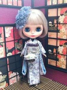 【夢人夜呉服店】Blythe ブライス 着物 アウトフィット リカちゃんにも　レースの花びらボンネットのお着物セット