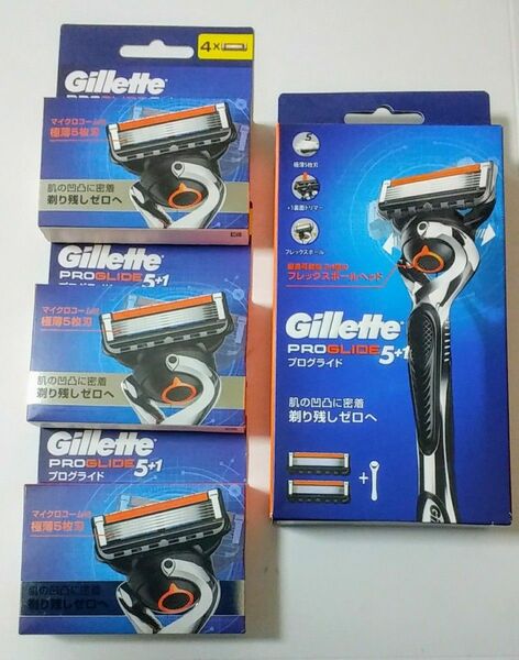 【Gillette】人気のある《替刃2個付きホルダー》と《PRO GLIDE5+1》の「4個入り替刃×3組」のセット、新品未使用品