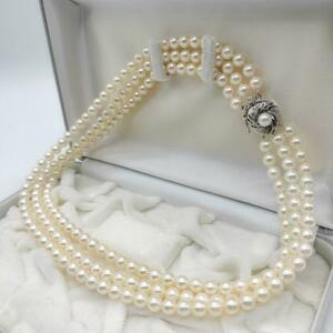 極美品 あこや真珠 アコヤ 3連 パール 本真珠ネックレス 6.0-6.5mm 42cm シルバー SILVER 刻印 本真珠 冠婚葬祭 ホワイト 白