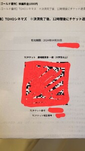 TCチケット②　TOHOシネマズ　映画　大人一名　優待券 　