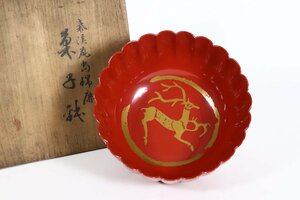 平安象彦 鹿蒔絵菊型 菓子鉢 共箱 / 漆器 漆美術 朱塗 茶道具