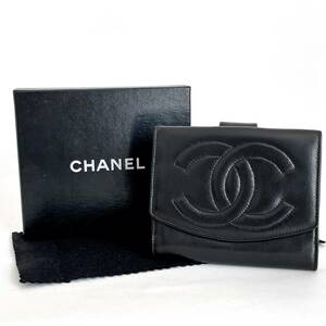 CHANEL シャネル ラムスキン ココマーク コンパクト財布 黒　Wホック 折り財布