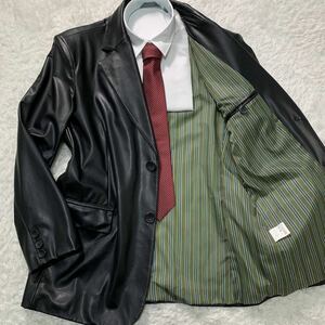 【美品・XL】漢の戦闘服 エコレザー テーラードジャケット フェイクレザー 黒 ブラック ブレザー マルチ ストライプ 総柄 メンズ LL 冬 春