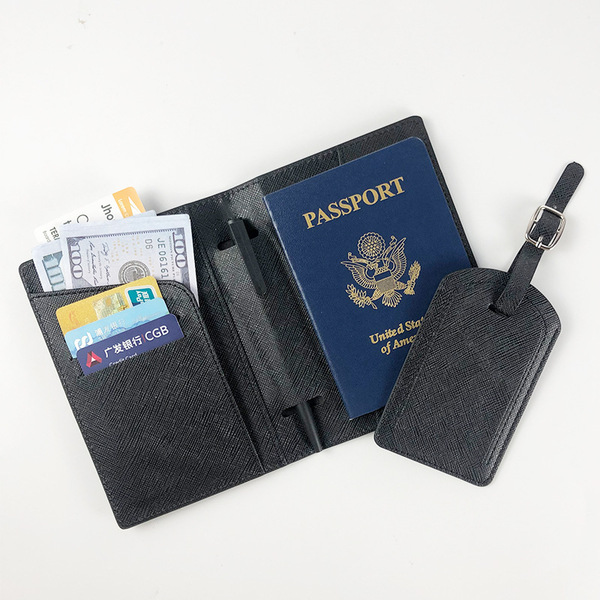 [HS-P-02] パスポートカバー パスポートケース 旅行用品　ラゲッジタグ 2点セット　ブラック