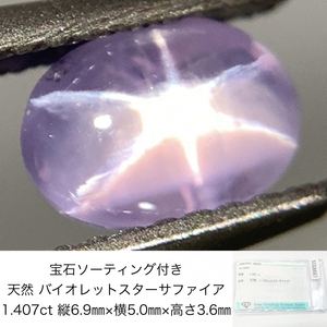 宝石ソーティング付き 天然 バイオレットスターサファイア 1.407ct 縦6.9㎜×横5.0㎜×高さ3.6㎜ 3287Y