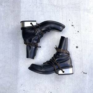 90s Dirk Bikkembergs Black Metal Lace Through Heel Leather Boots ダーク ビッケン バーグブーツ メタルヒール ワイヤー アーカイブ 42