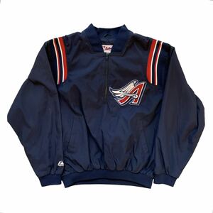 90's- majestic マジェスティック　MLB ロサンゼルス/アナハイム　エンゼルス　ナイロンプルオーバー/ジャージ/ピステ　ネイビー　Lサイズ