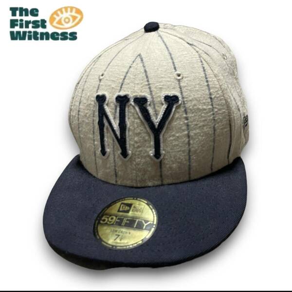 NEWERA　ニューエラ　ヤンキース　ストライプ　リネン/コットン　ネイビー　ベージュ系　キャップ　帽子