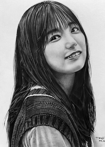 乃木坂46 五百城茉央 女性 鉛筆画 手書きイラストA4