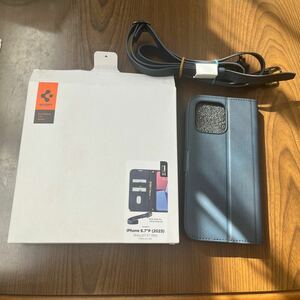 602p1217☆ Spigen iPhone 15 Pro Max ケース 手帳型 財布 ストラップ カード収納 スタンド機能 米軍MIL規格 革 ショルダー カード 