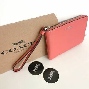 送料無料★コーチCOACHコーナージップリストレットF58032コーラルピンク★レザーポーチミニウォレットミニ財布コインケーススマホポーチ