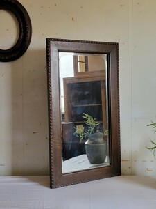 アンティーク 飾り彫り 鏡 壁掛け ヴィンテージ ミラー 古木 無垢材 古家具 インテリア ディスプレイ　木製フレーム 洗面所 