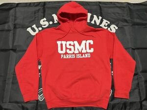 中古美品　USMC PARRIS ISLAND フーディMV SPORT製　　MEDIUM RED