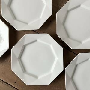 5枚set 八角 リズム リムプレート デッドストック 陶器 白磁　検: 取り皿 リム皿 ケーキ サラダ パン レトロ ビンテージ アンティーク