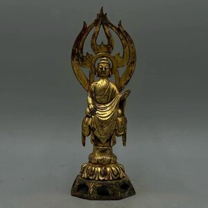 仏教美術 李朝鍍金 金銅仏 約23×8cm 古銅 唐物 仏像 古玩 23.2/fm.soo