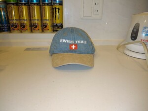 未使用 90年代当時物 SWISS TEAM 野球帽子 フリーサイズ デニム生地 ピッグスキン スイス土産 ジュネーブ エーデルワイス