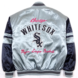 美品 CHICAGO WHITE SOX mirage シカゴ ホワイトソックス ミラージュ製 ナイロンスタジャン 中綿入り Lサイズ シルバー系xブラック