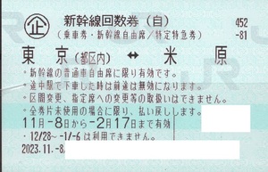 新幹線回数券東京⇔米原自由席１枚だけ売り。期限２０２４年２月１７日。