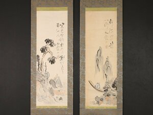 【模写】【伝来】sh4923〈池大雅〉双幅 山水人物図 文人画の祖 江戸時代中期 京都の人