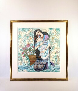 真作 ザン・ホンビン リトグラフ「カレス(DX版)」画寸 78.5cm×81.5cm 中国作家 自然の風景や花を取り入れ母子の愛情を感情豊かに描く 8583