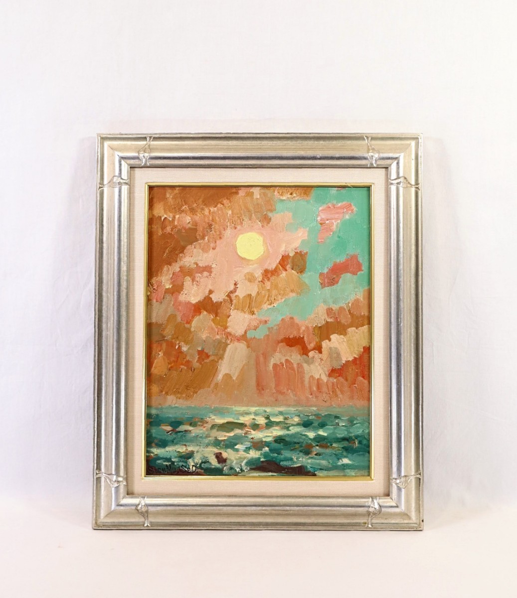 Authentic work by Akira Seo, 1974 oil painting Morning in the Pacific, size F6, born in Aichi Prefecture, Nikikai doujinshi, Shima, Wakayama Prefecture, around Katada's Ono coast, dazzling sunlight and sea with white waves 8523, painting, oil painting, Nature, Landscape painting